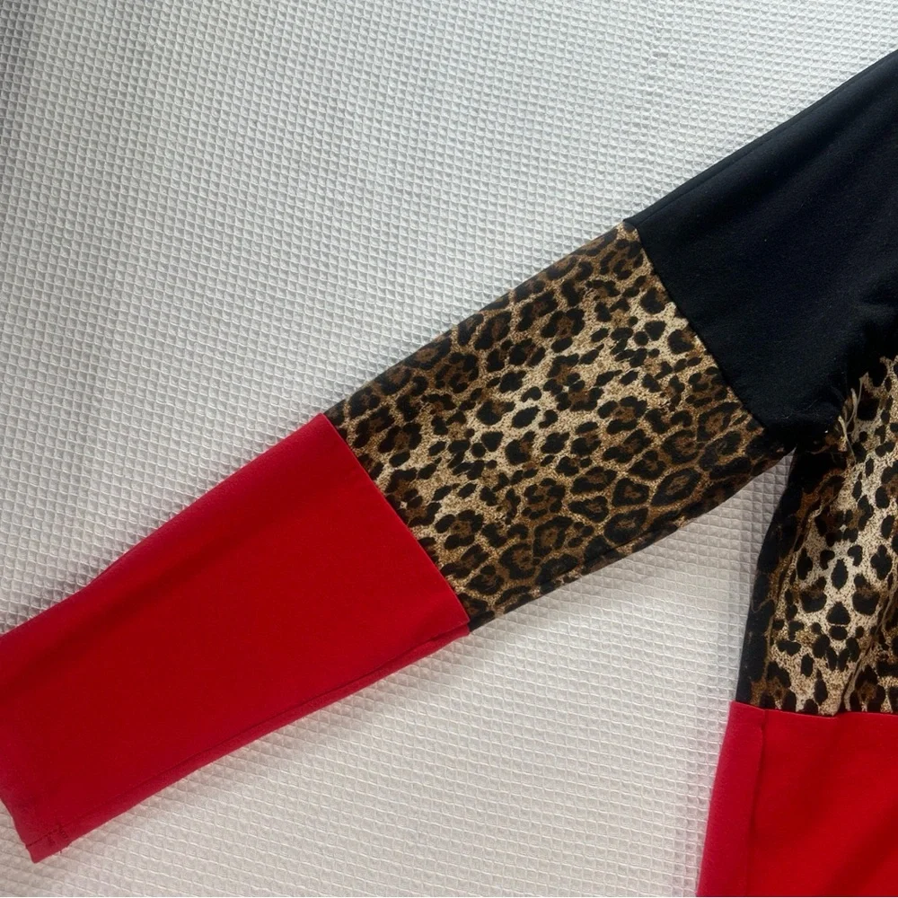 Women's Red, Black, and Leopard Print Long Sleeve Top Size M - Picture 6 of 7